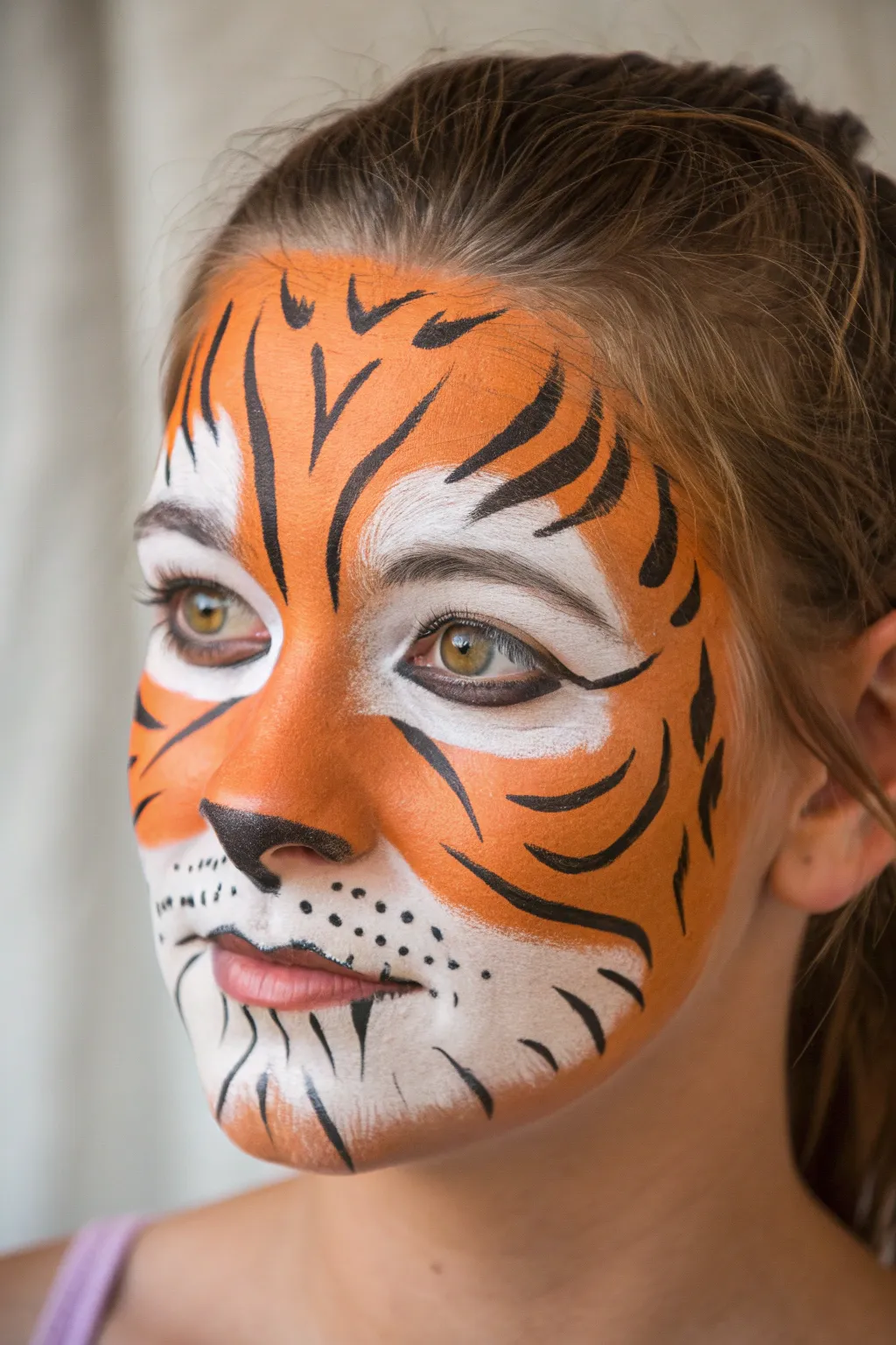 Classic full-face tiger transformation with bold orange, crisp stripes, and lips as the tiger mouth