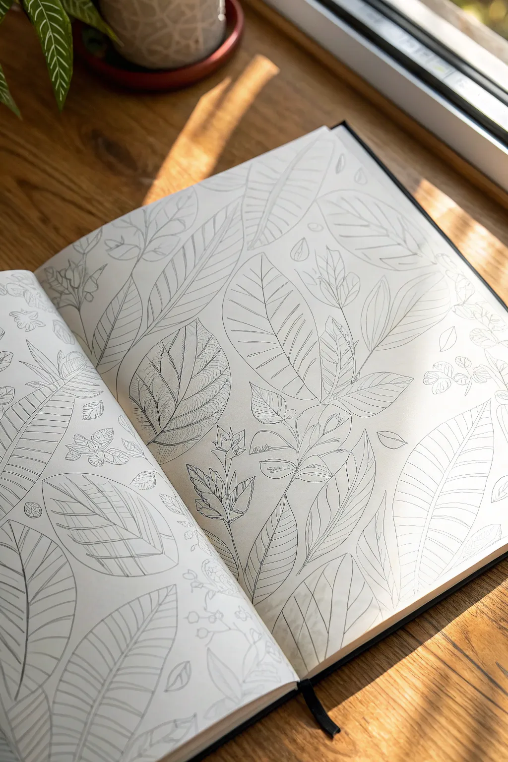 Edge-to-edge leaf canopy pattern that fills a full sketchbook page with calm, rhythmic lines