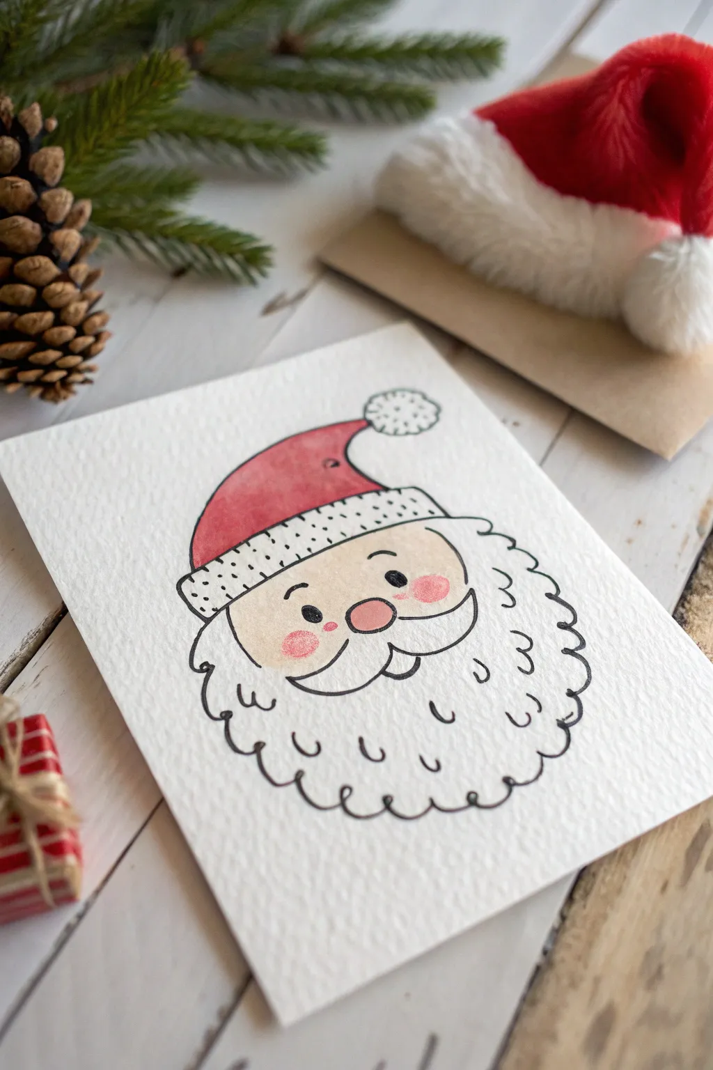 Cute Santa face doodle with clean outline and softly colored version in minimal Scandi style