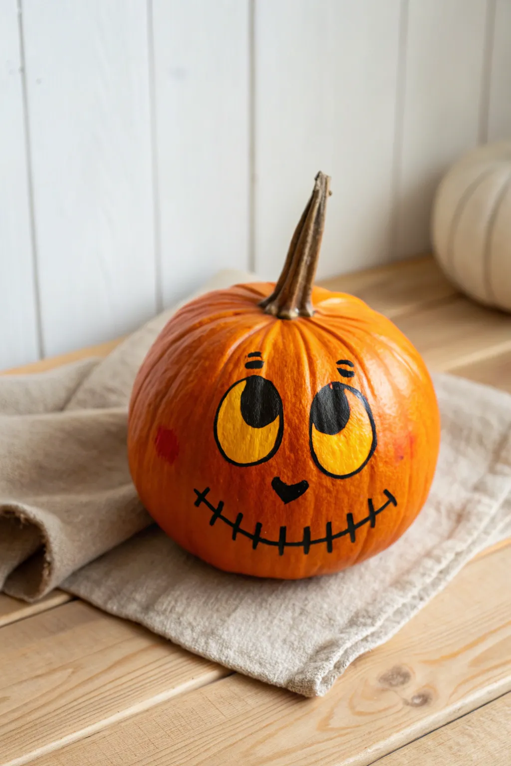 Paint a classic cute jack-o-lantern face on one pumpkin, styled in cozy minimalist light.