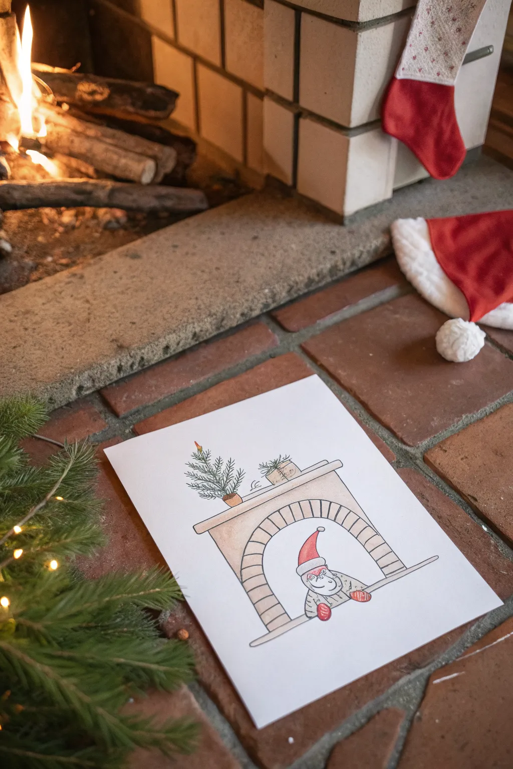 Funny Santa stuck in the chimney drawing idea in a clean Scandinavian minimalist, cozy-boho style