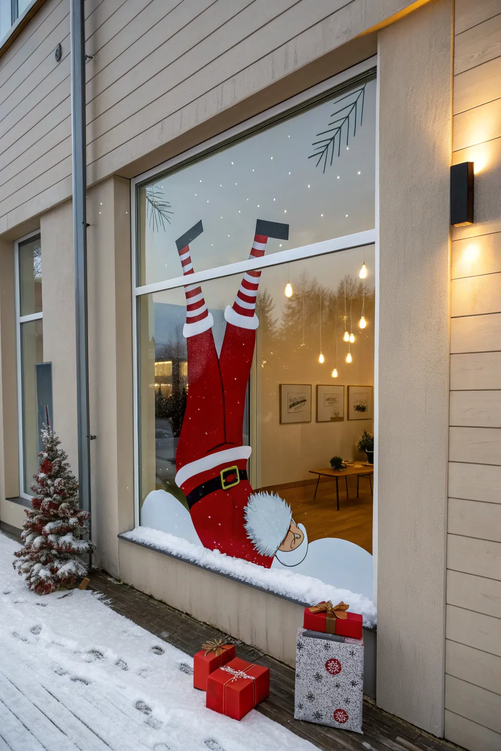 Playful window art: Santa stuck upside-down, boots kicking out, gifts tumbling below