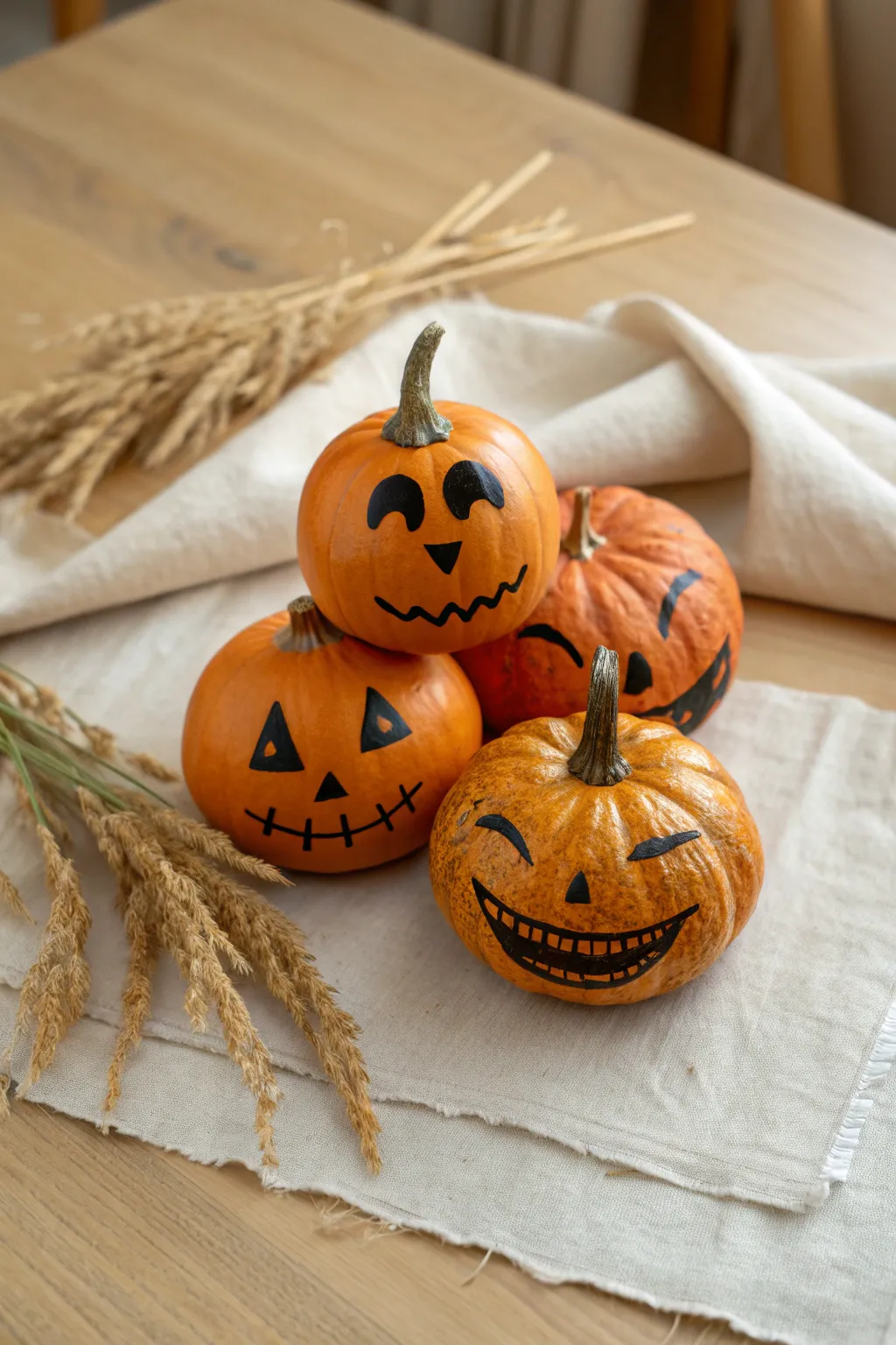 Classic goofy jack-o-lantern faces on painted pumpkins for a minimalist boho fall moment