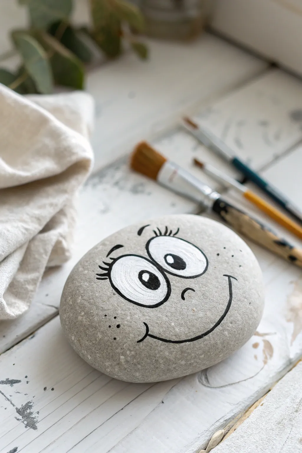 Paint a playful rock face with big eyes and crooked smile for instant desk-side joy.