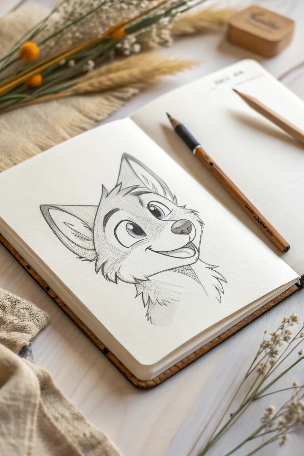 Classic fursona headshot sketch with fluffy cheeks, clean muzzle construction, and calm minimal style