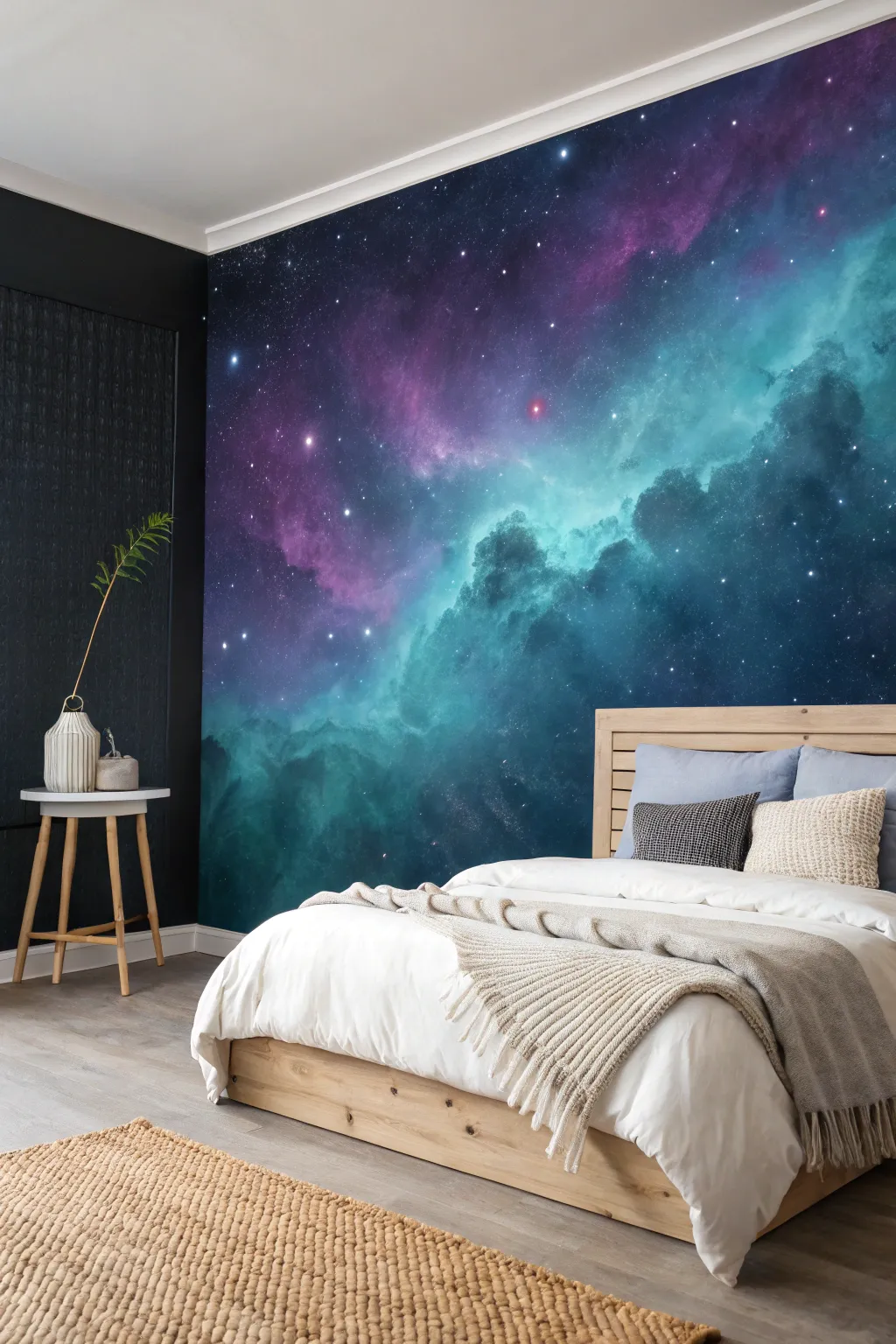 Classic nebula accent wall in a minimalist bedroom, dreamy indigo to teal glow at dusk