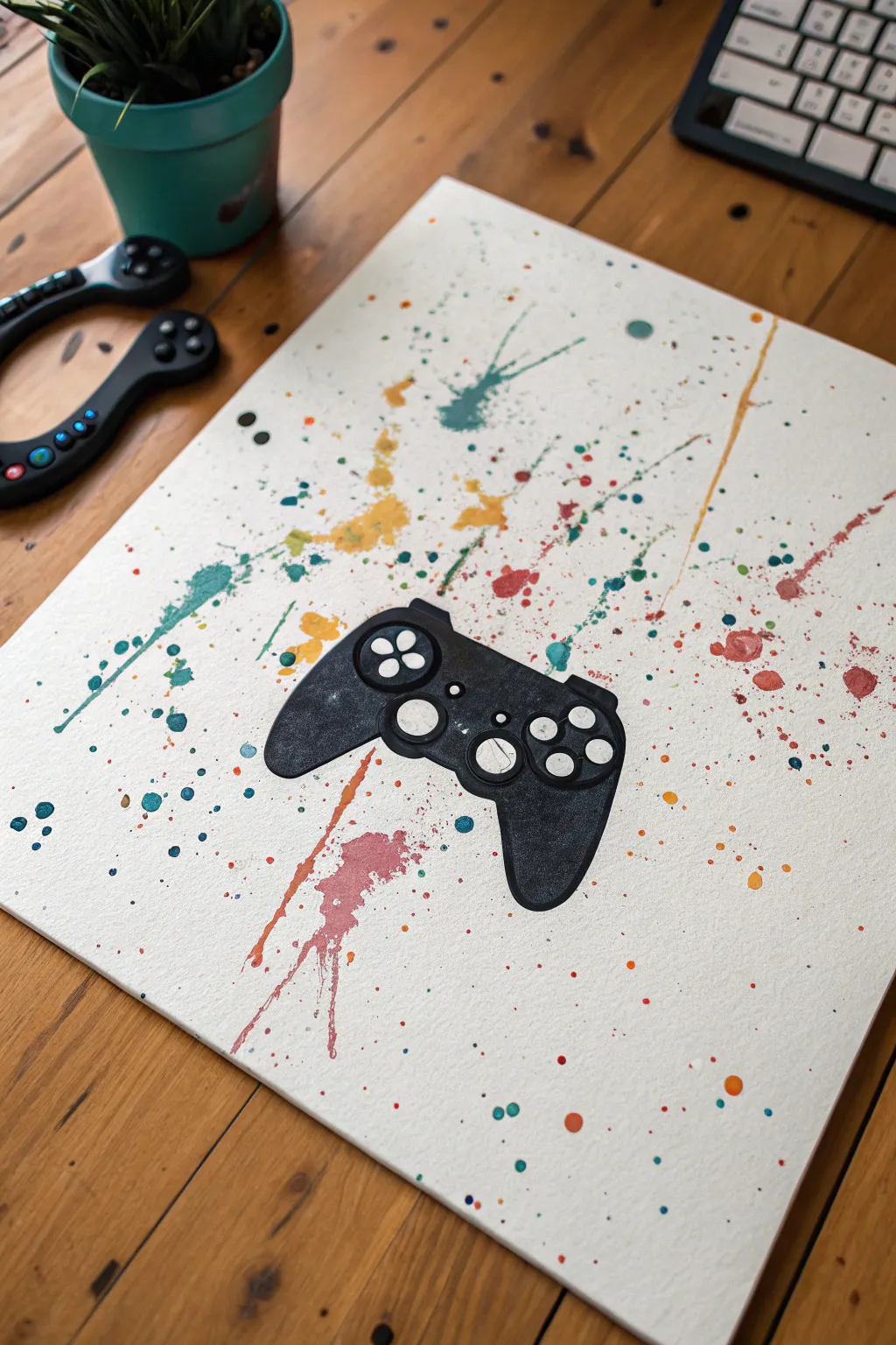 Bold splatter controller silhouette on clean white—minimalist gaming art with handcrafted punch.