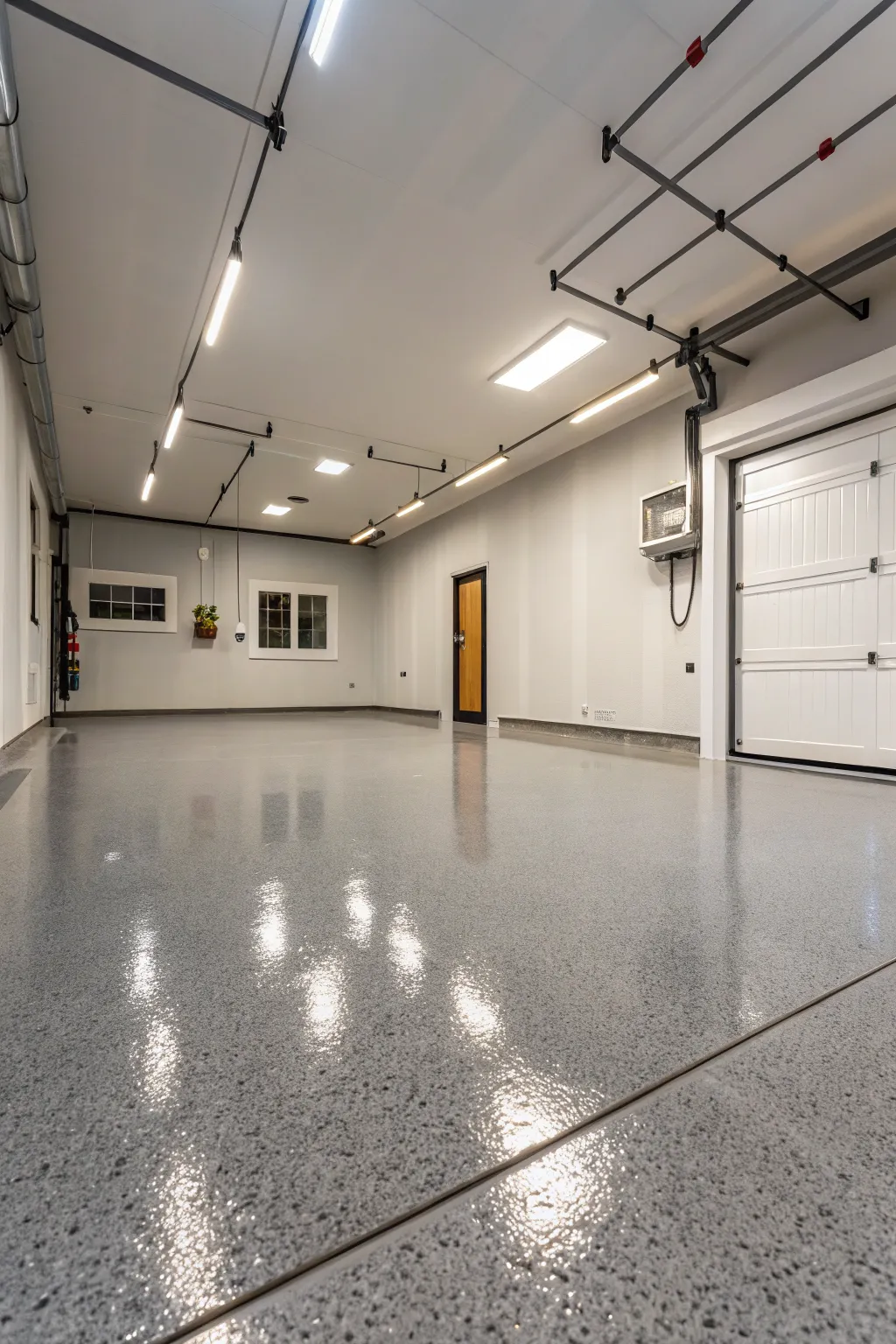 Classic high-gloss gray epoxy floor with crisp light reflections for a clean, modern garage look.