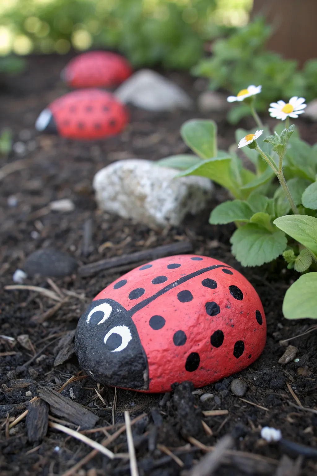 Painted ladybug rock tucked in mulch, a simple Scandinavian-boho garden accent to copy.