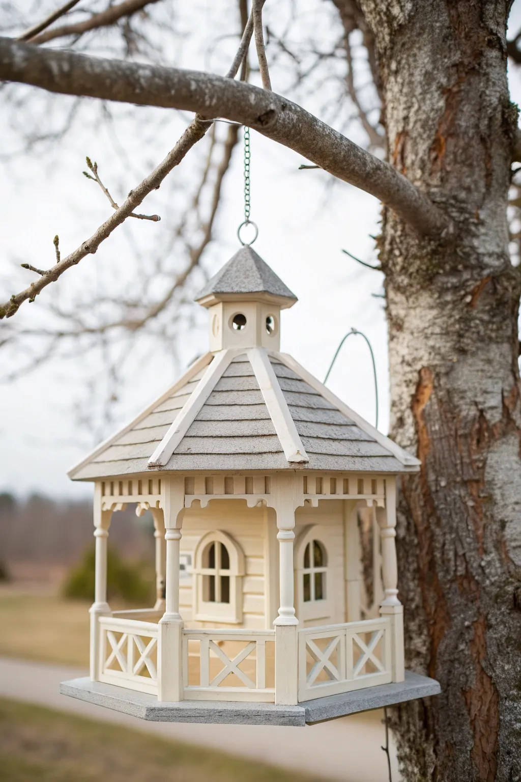 Creamy cottage gazebo birdhouse with crisp white trim and a gray roof, hanging in soft greenery
