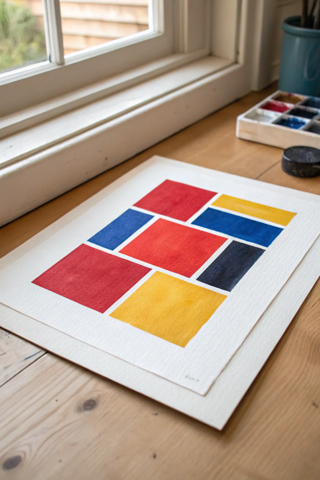 Classic color-block grid with bold primaries, crisp edges, and airy white space for modern calm.