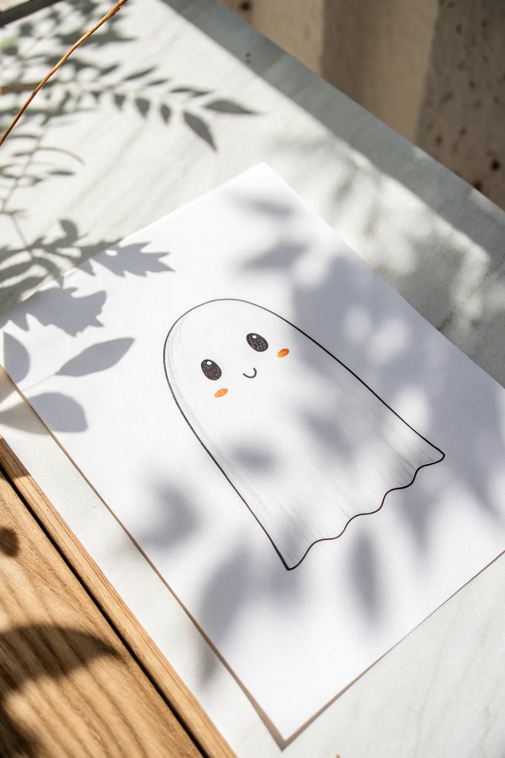 Classic sheet ghost drawing with a wavy hem, minimal face, and a soft floating shadow