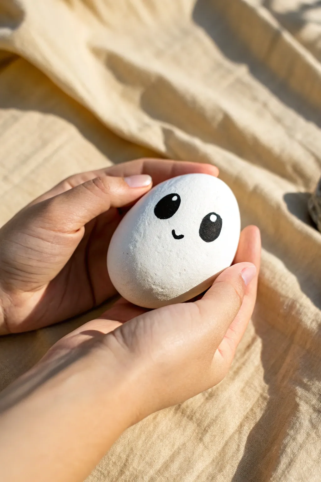 Classic white sheet ghost rock with simple black eyes and an O mouth, cute and beginner-friendly.