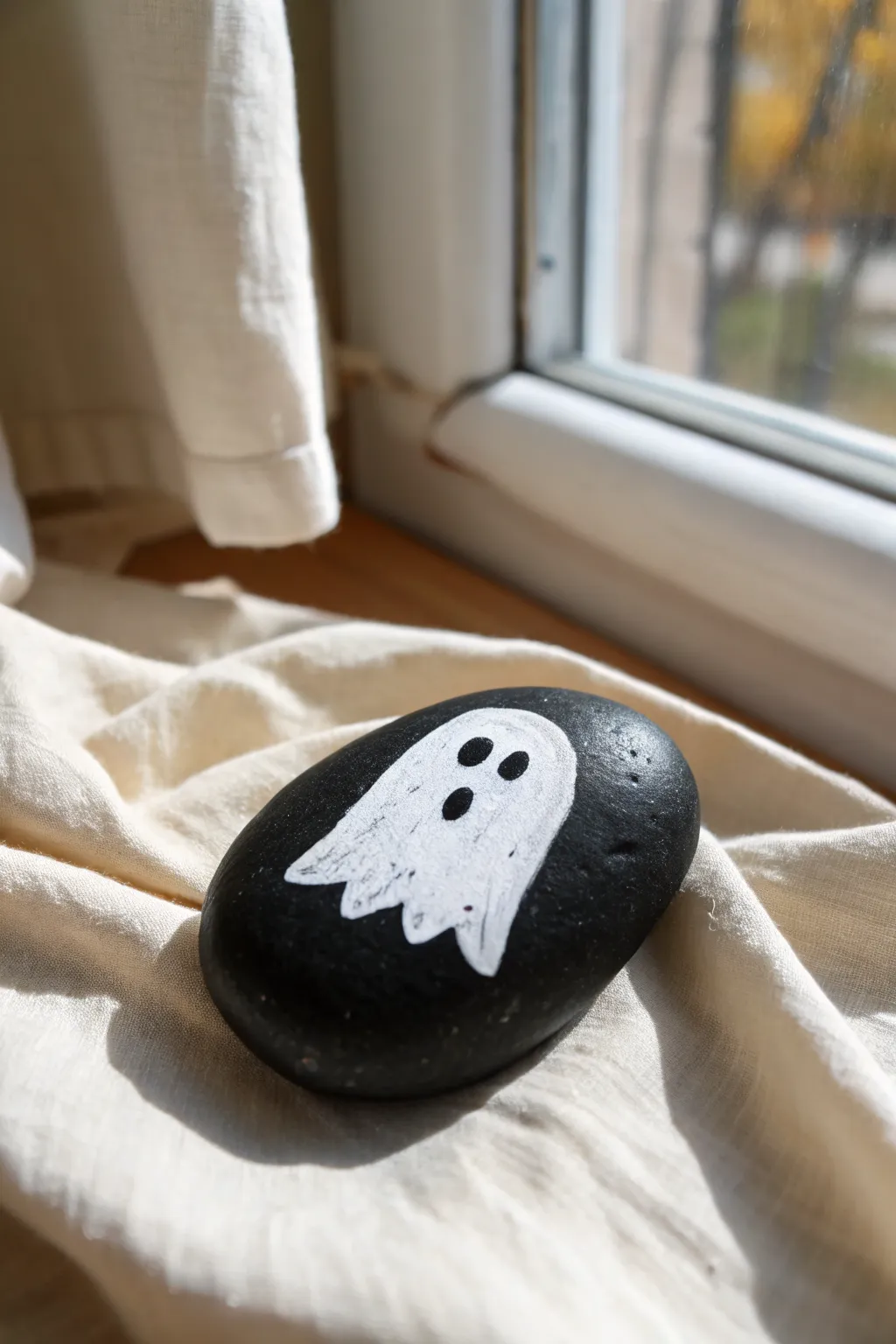 Classic sheet ghost rock with bold contrast, minimalist and cozy for Halloween crafting.