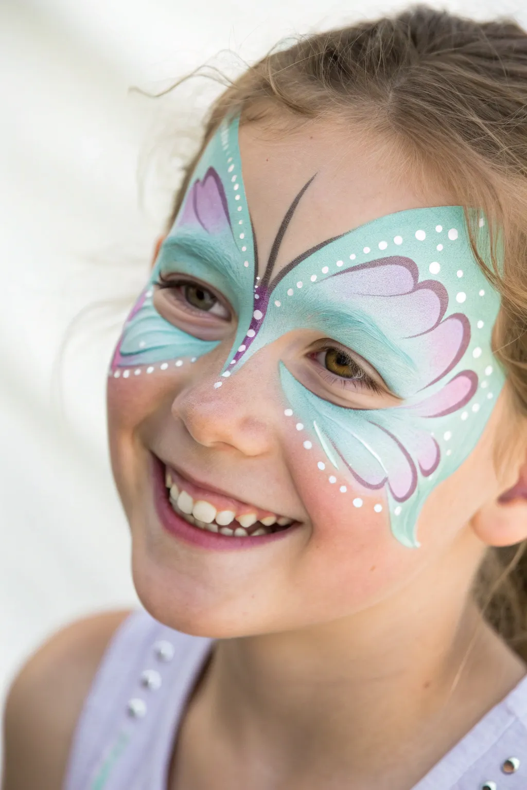 Butterfly wing eye mask face paint with soft pastels, white dots, and a clean minimalist backdrop