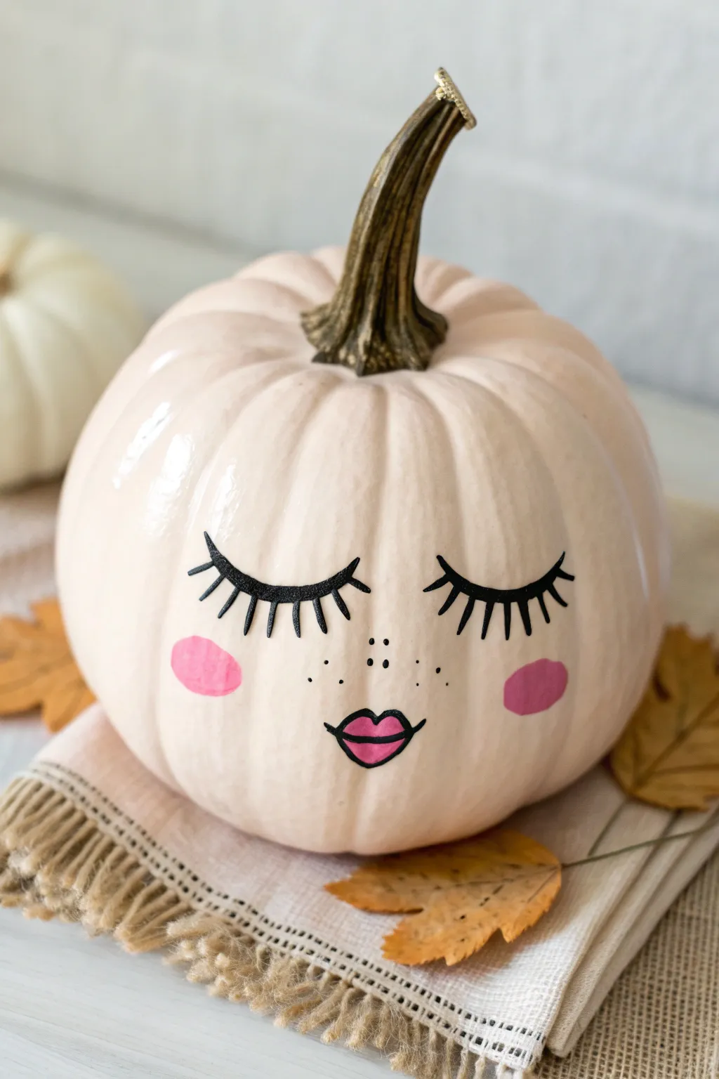 Blush-toned pumpkin with lashes, rosy cheeks and glossy lips for classic girly vibes