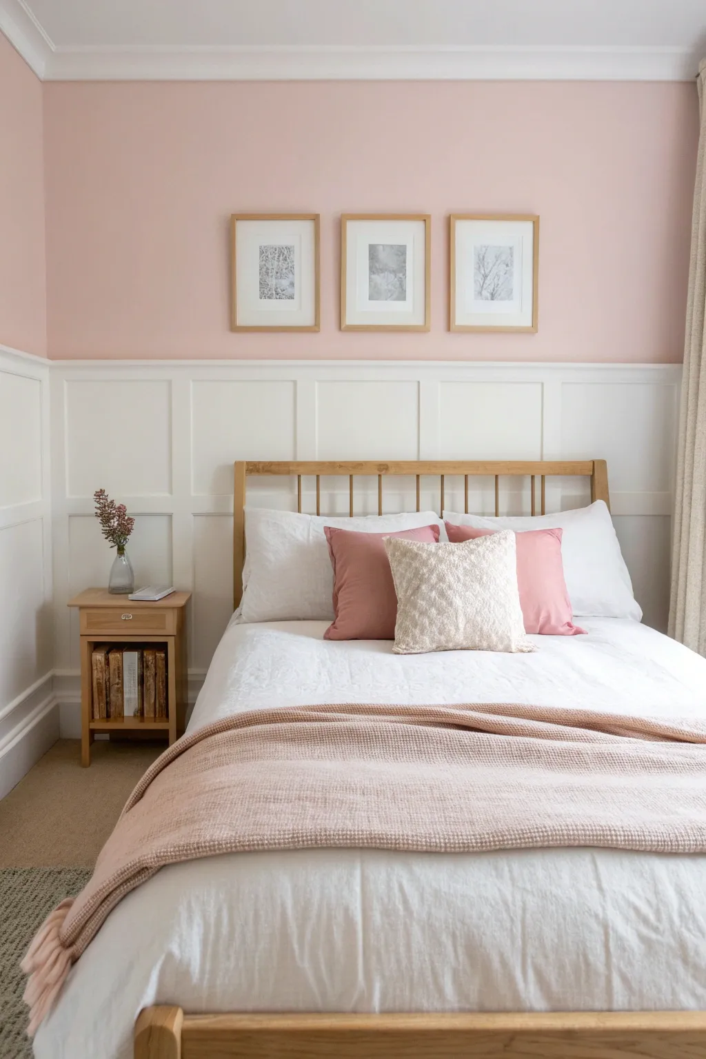 Soft blush pink walls and crisp white trim create a calm, grown-up girls room backdrop.