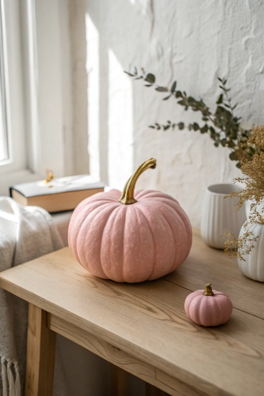 Classic blush painted pumpkin with a tidy gold stem, minimal, feminine, and softly lit