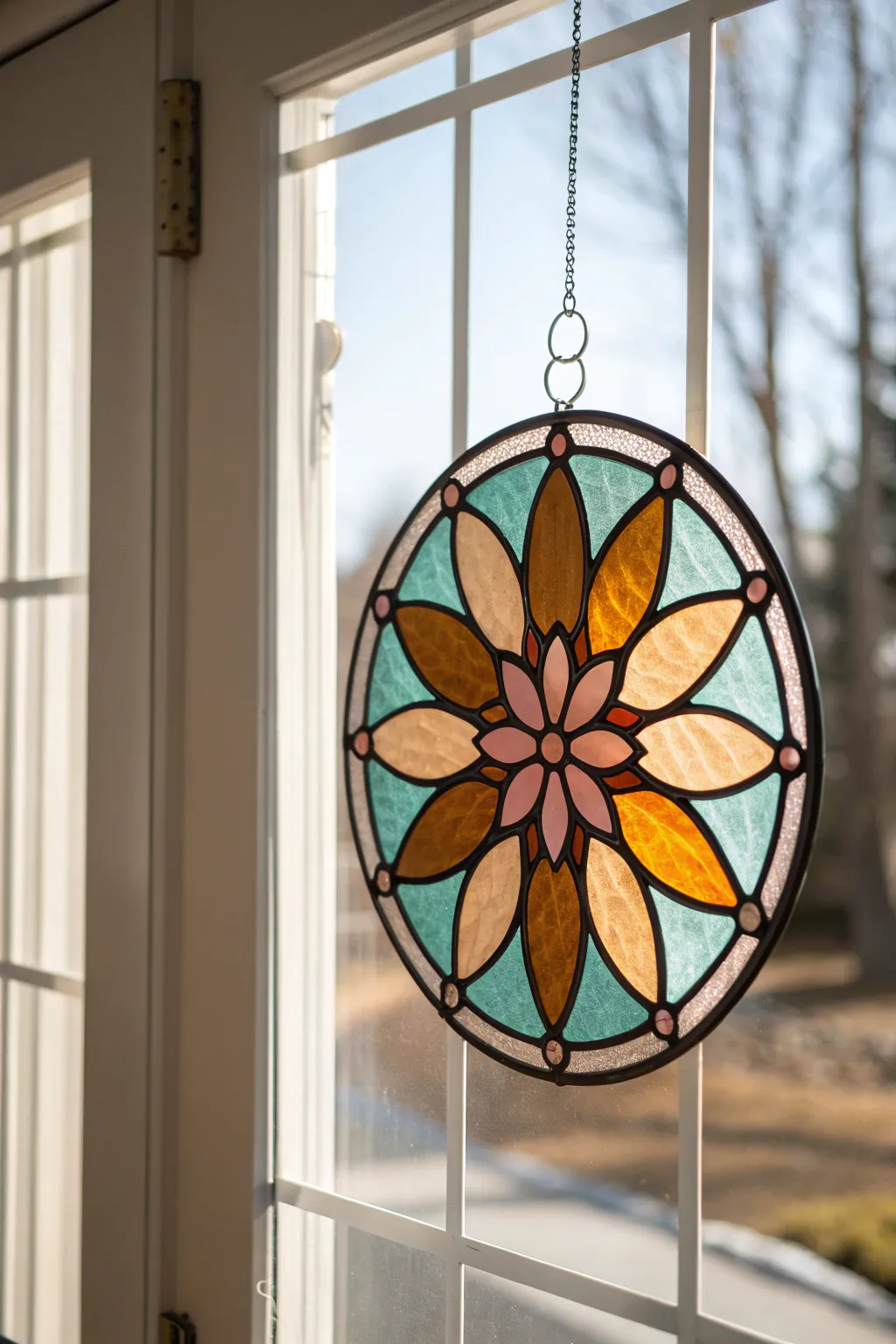Classic stained glass suncatcher glowing in soft morning light with bold lines and bright color