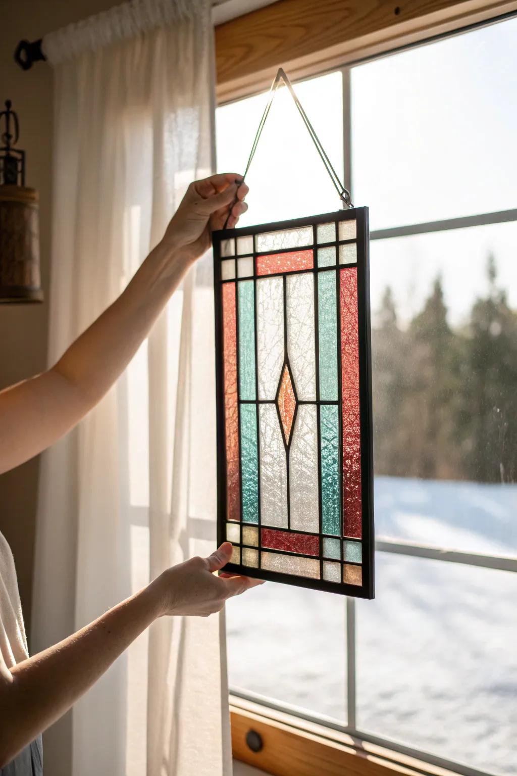 Faux stained glass suncatcher panel glowing in sunlight, jewel tones and crisp black lines