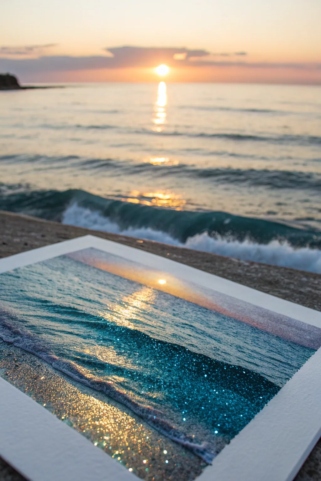 Shimmering ocean horizon painting with gold glitter crests and deep blue layers at sunset