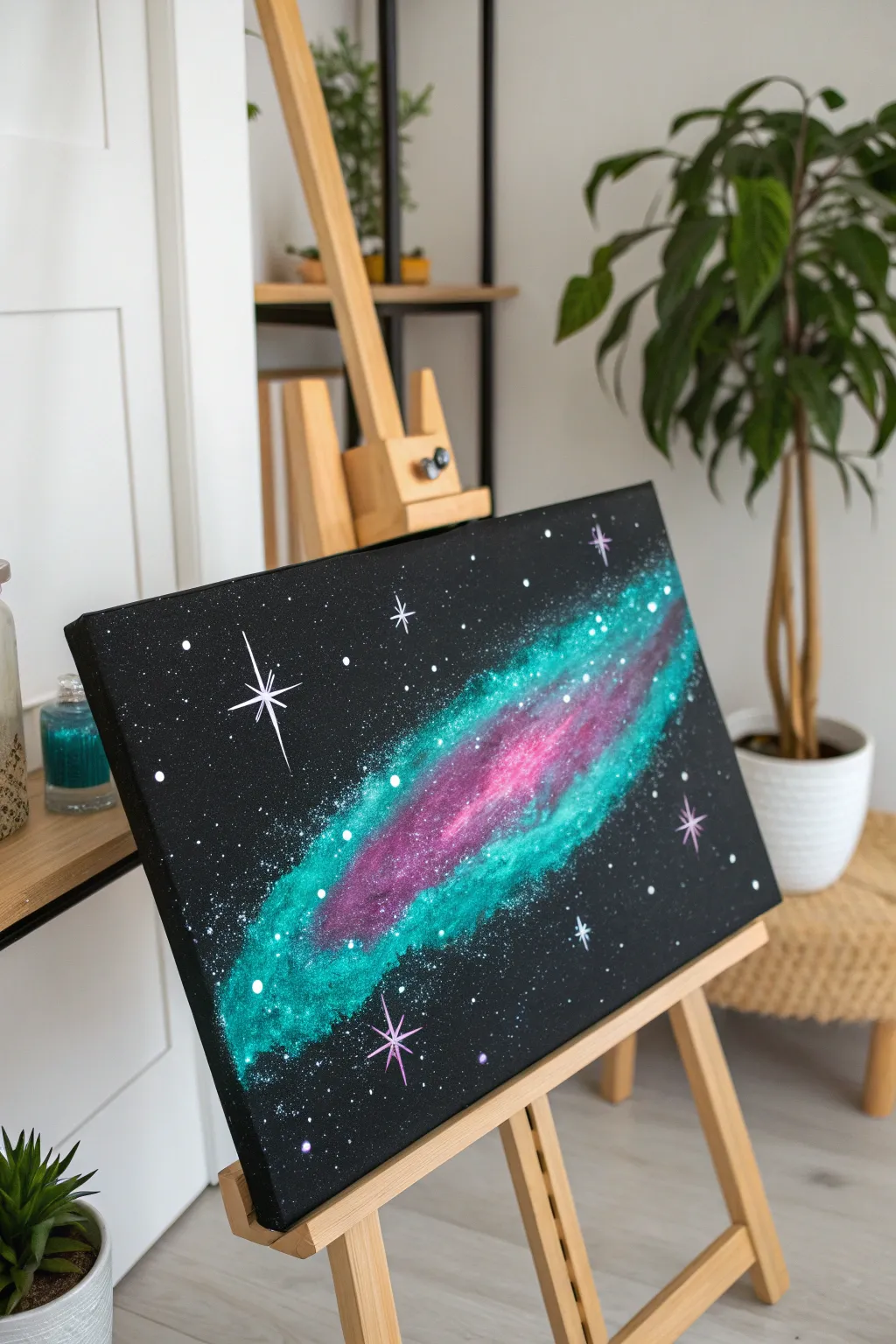 Easy glow-in-the-dark galaxy on black canvas, neon swirls and starry splatter, day to night.