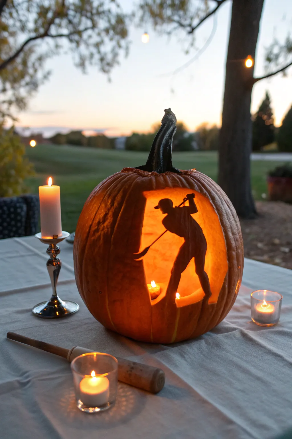 Minimalist golfer silhouette pumpkin, warmly glowing at dusk with crisp, high-contrast carving.