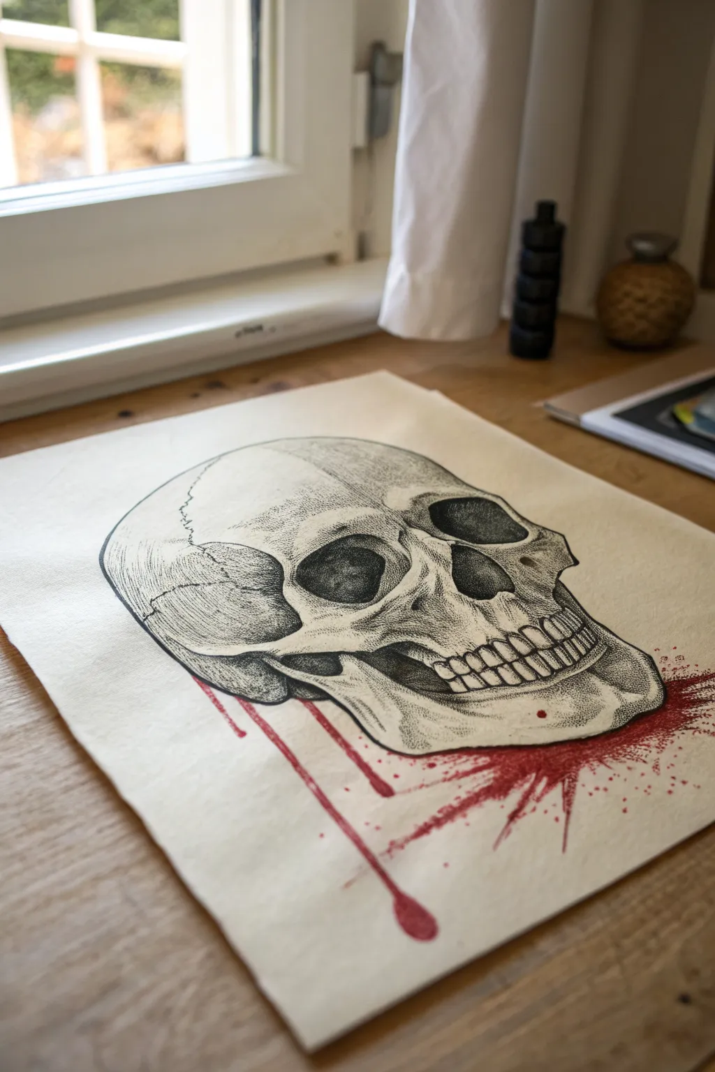 Minimalist skull sketch with one vivid blood smear for a striking, high-contrast gory study.