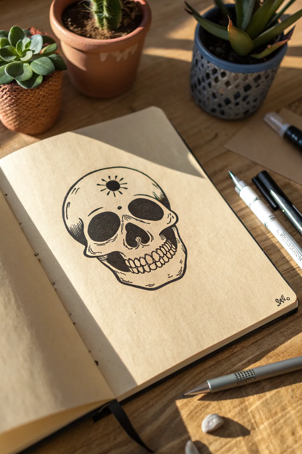 Minimal black ink skull with hollow eyes, an easy classic gothic drawing idea to copy