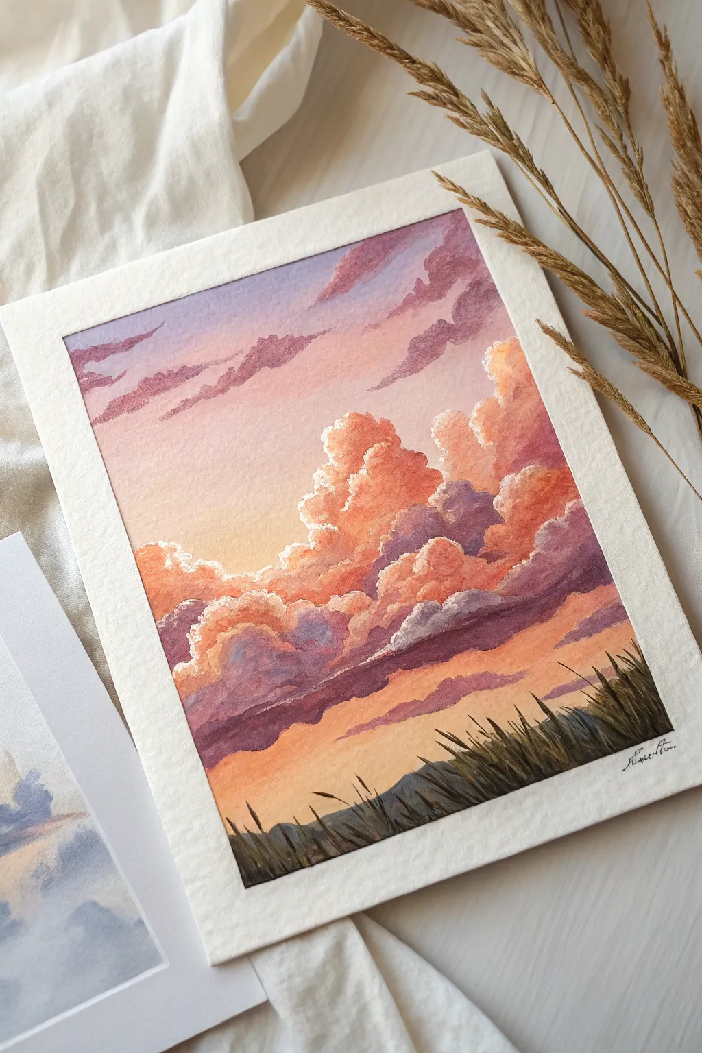 Dreamy peach and lavender gouache clouds with crisp highlights for a calming sunset study