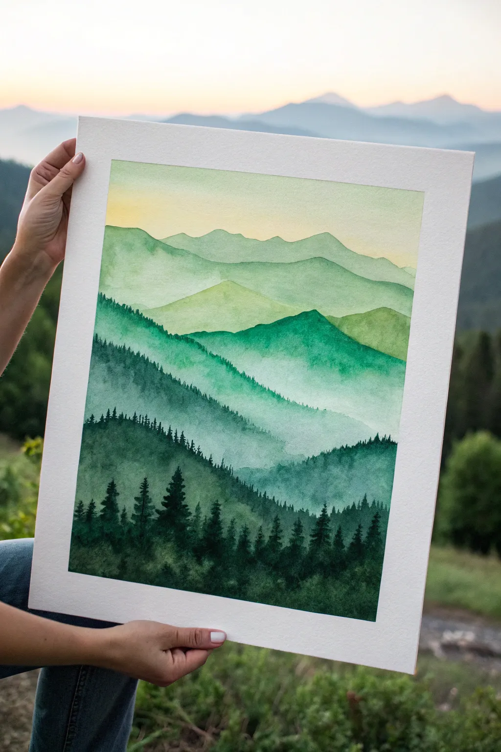 Monochrome green mountains in layered washes, a calming minimalist landscape to paint today.