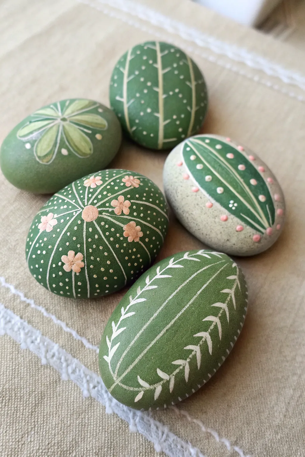 Classic cactus rock set in rich greens with delicate white spines and tiny dot blooms