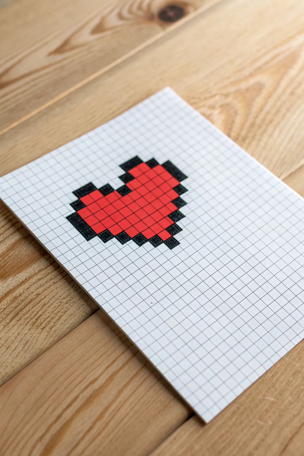 Classic 8-bit heart on crisp graph paper grid, clean contrast for easy pixel counting.
