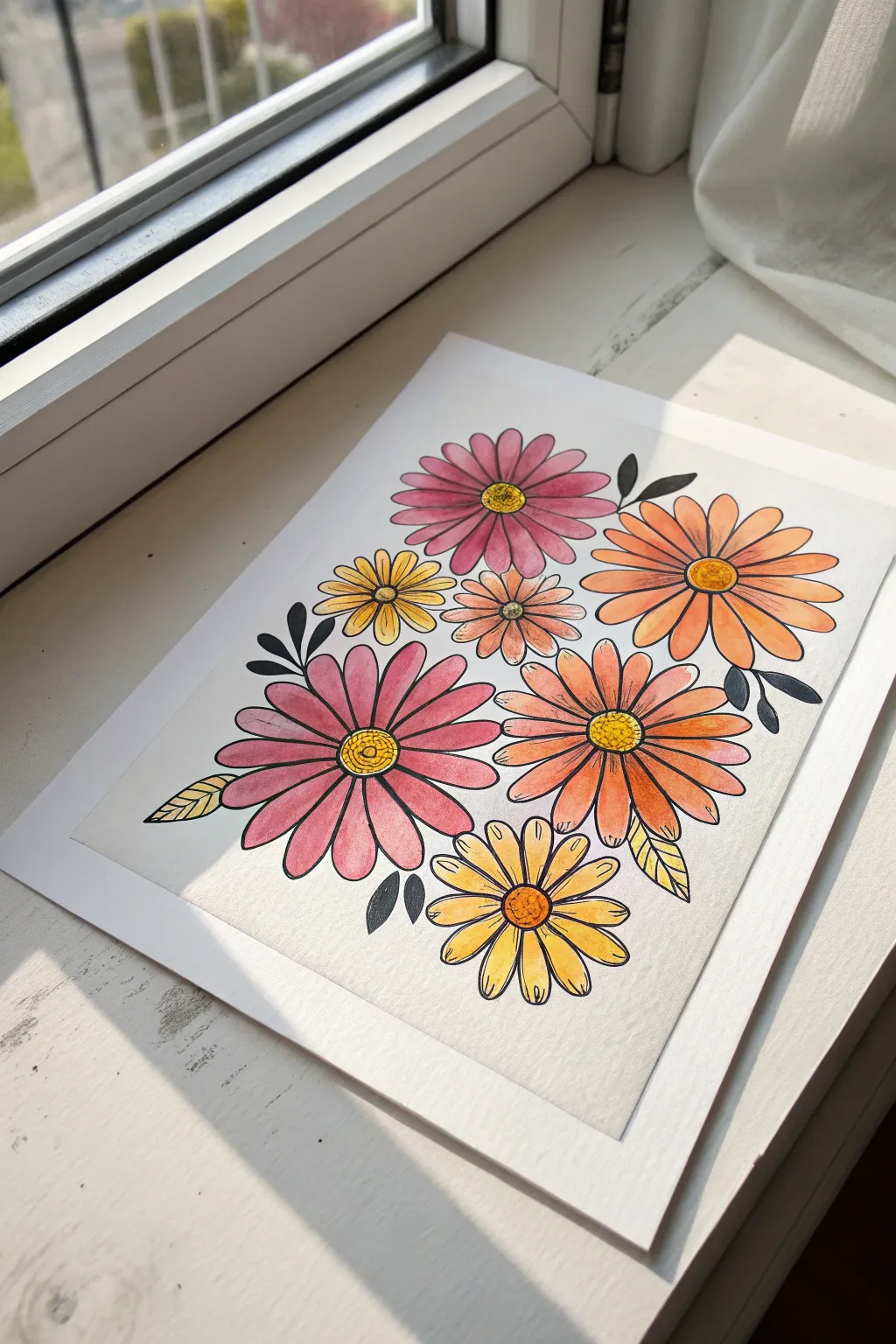 Flower Power daisies in hot pink, orange, and sunny yellow with bold black outlines
