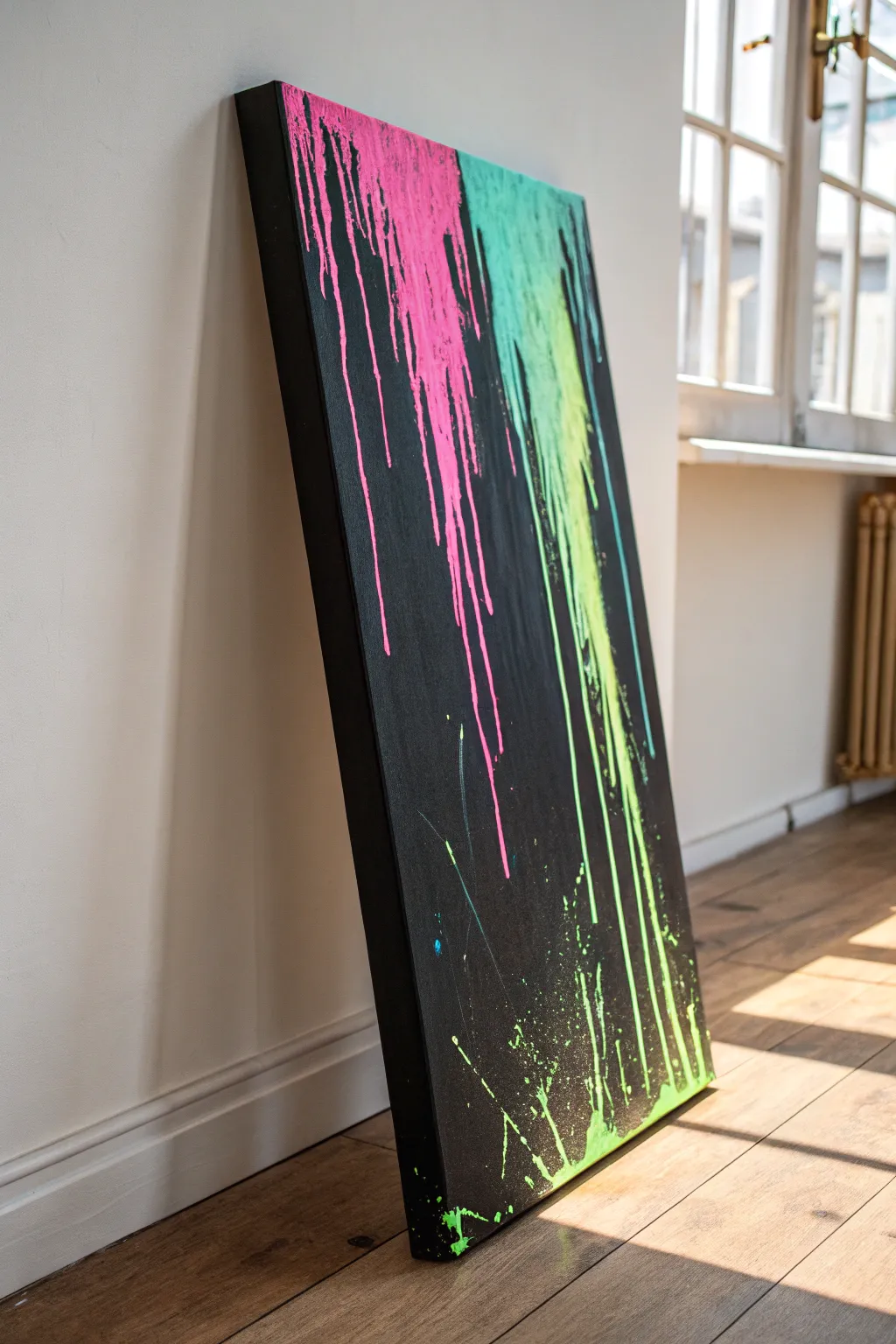 Matte black canvas with bold neon drips for an easy grunge look and high contrast
