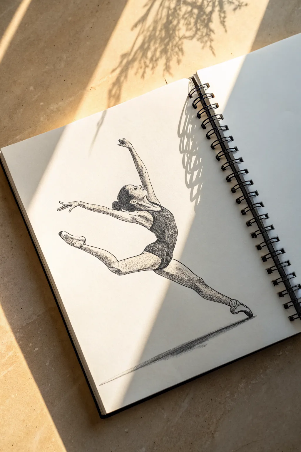 Split Leap Freeze-Frame: minimalist gymnast sketch with a perfect 180 split and pointed toes.