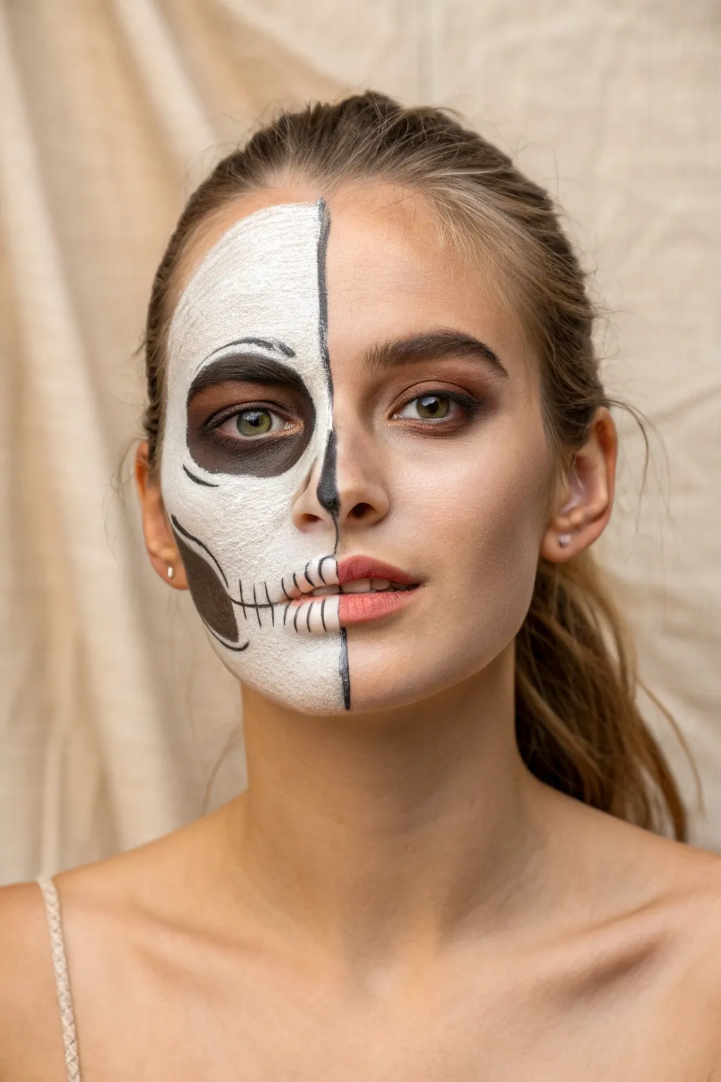 Half skeleton split face paint with crisp center line, dark socket shading, minimalist boho mood