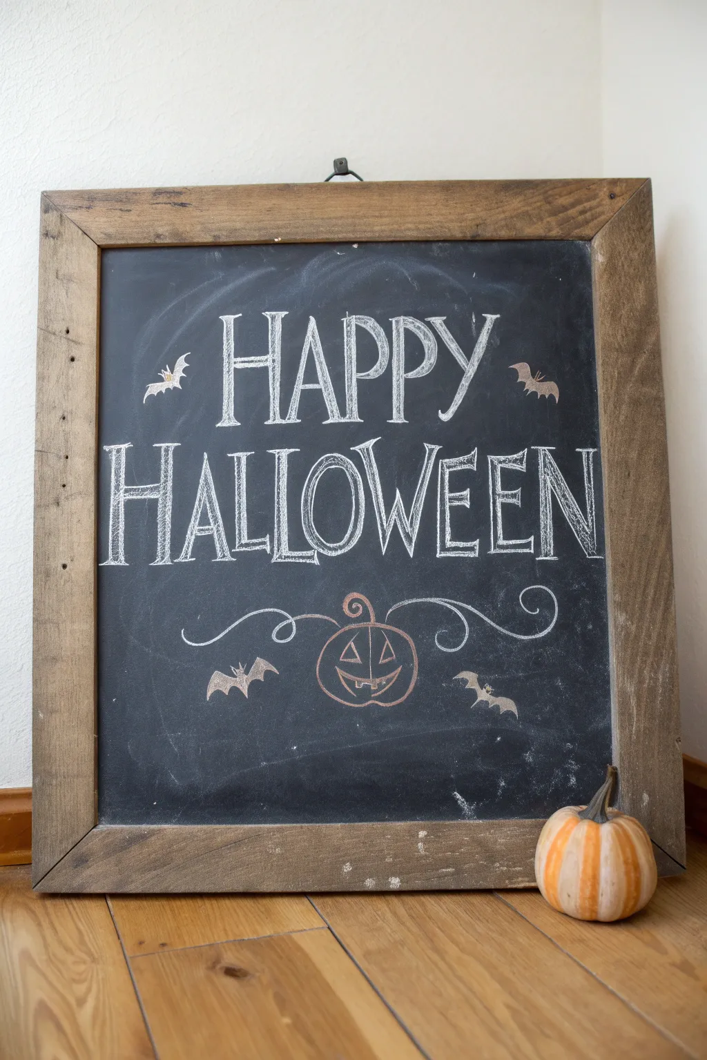 Classic Happy Halloween chalk lettering with a tiny pumpkin and bats in a clean minimalist style.