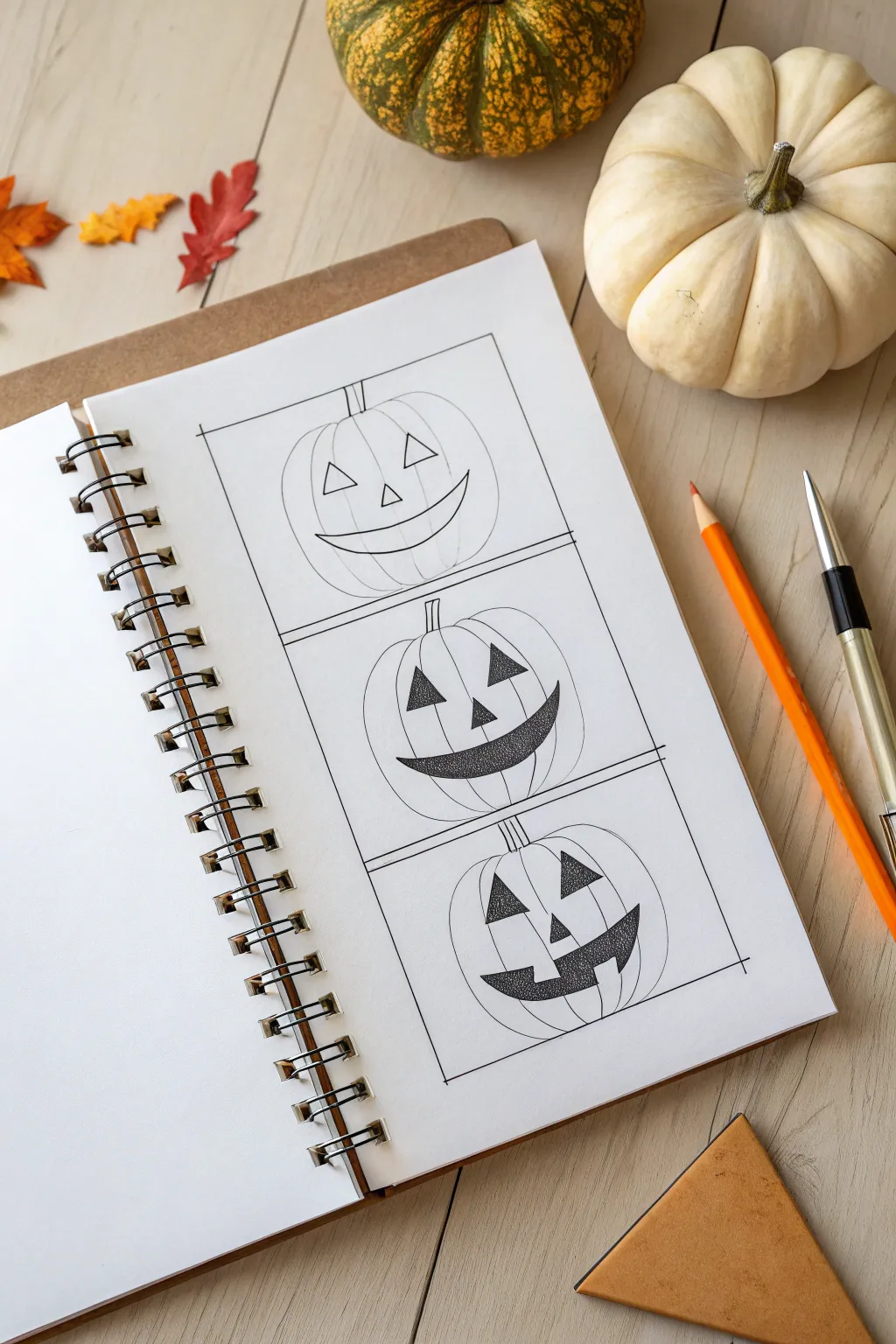 Easy jack-o-lantern face in four simple steps, minimal lines and warm orange shading.