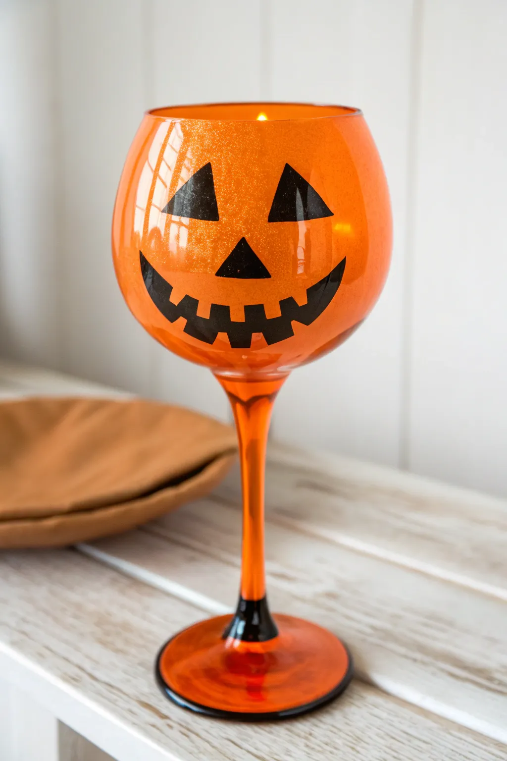 Jack-o-lantern wine glass painting with warm backlight for a minimalist Halloween vibe