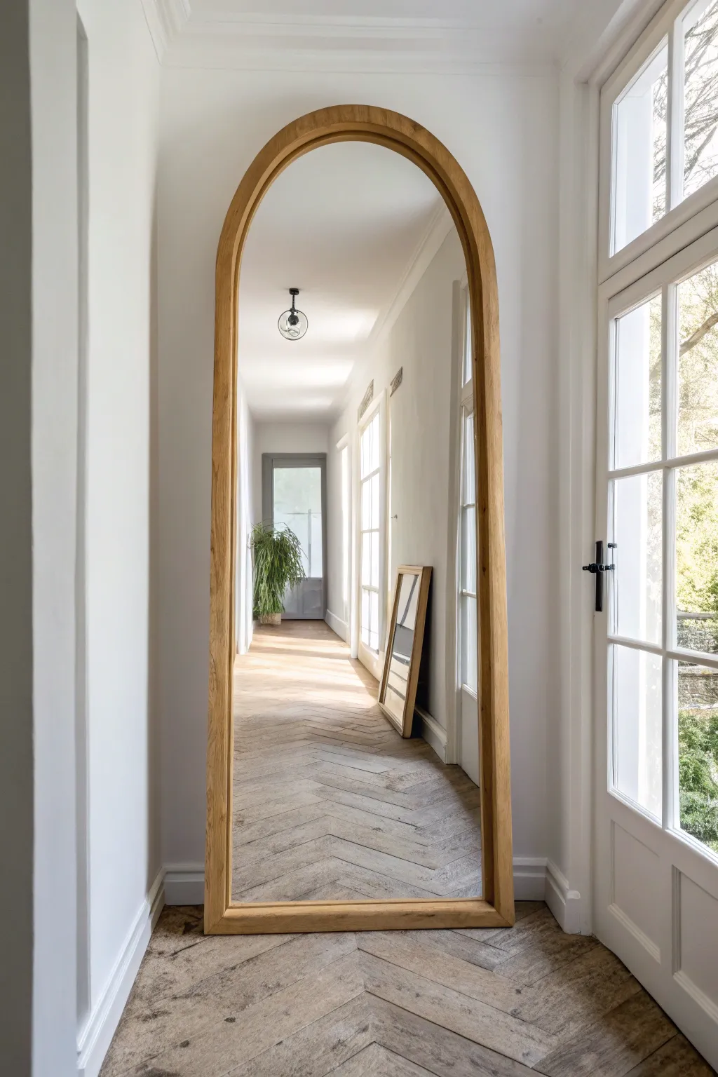 An oversized statement mirror brightens a narrow hallway and makes it feel instantly wider.
