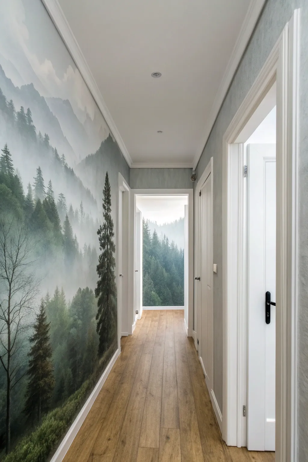 Misty mural in soft gray-green adds instant depth and calm to a narrow Scandinavian hallway.