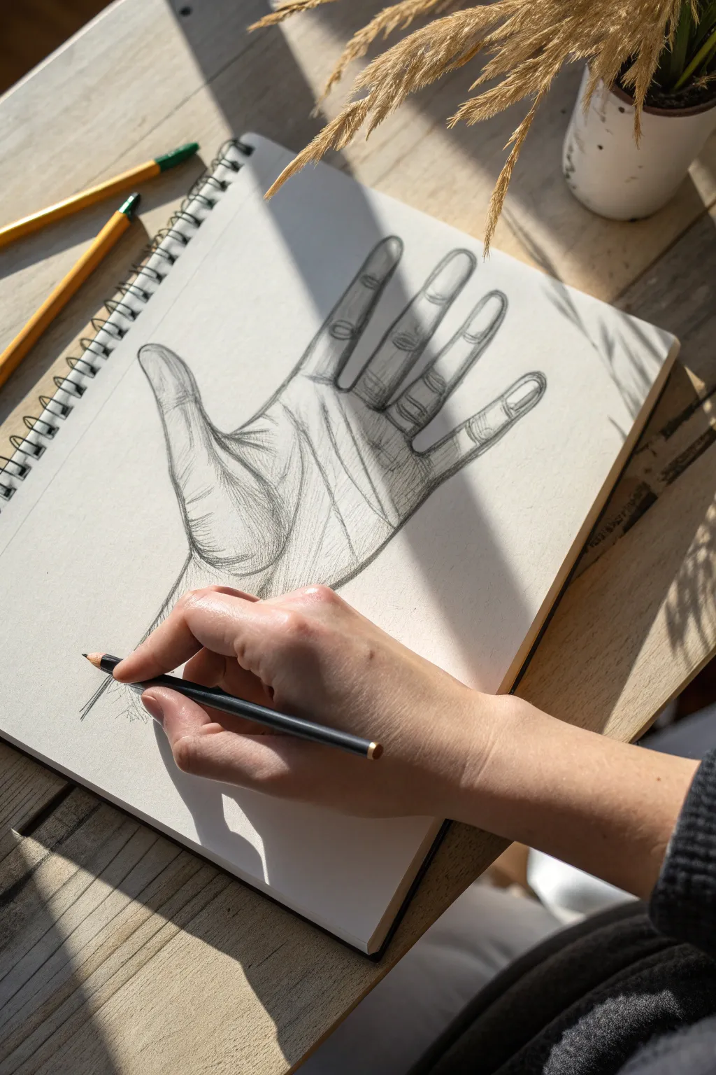 Open palm pencil study with clean finger spacing and subtle construction lines for practice