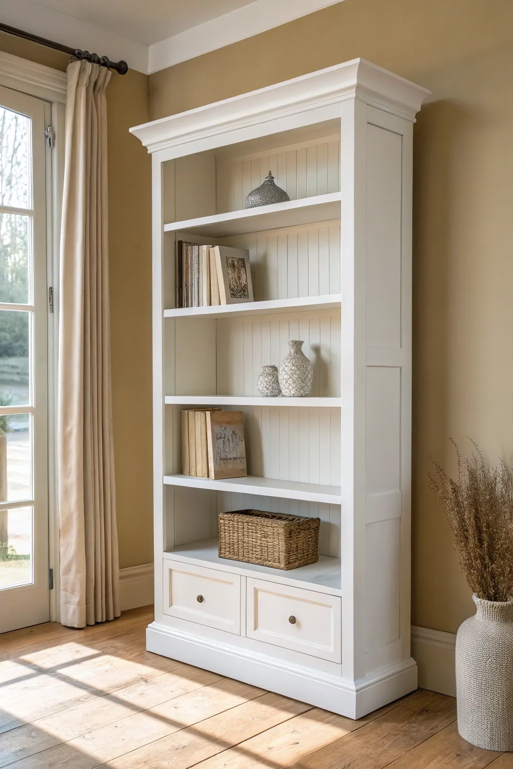 Classic crisp white bookcase refresh with neutral books and textured ceramics, calm and timeless