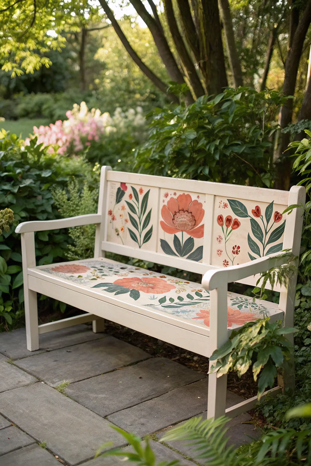 Oversized blooms transform a simple bench into a vibrant garden statement, hand-painted with love.