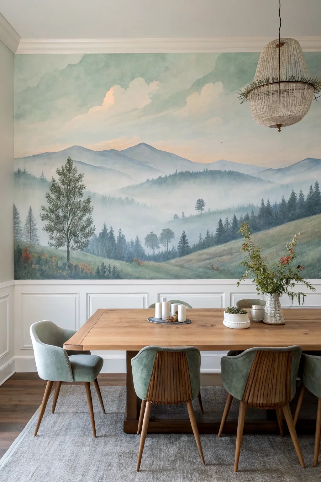 Misty hill landscape mural in muted greens and blues for a calm, crafted dining space.