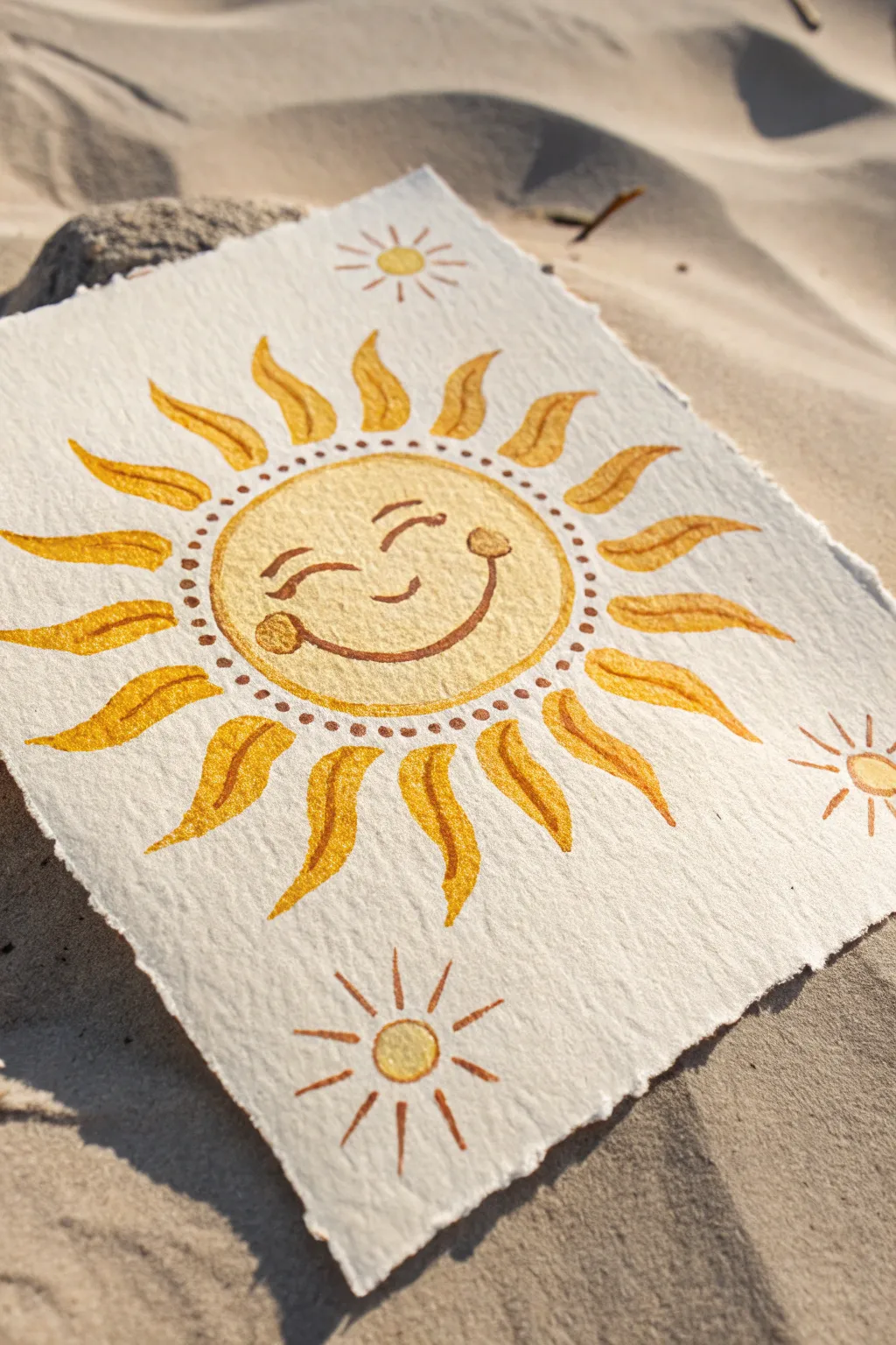 Smiling sun with joyful mixed rays in warm yellow and orange, clean and minimal for easy drawing.