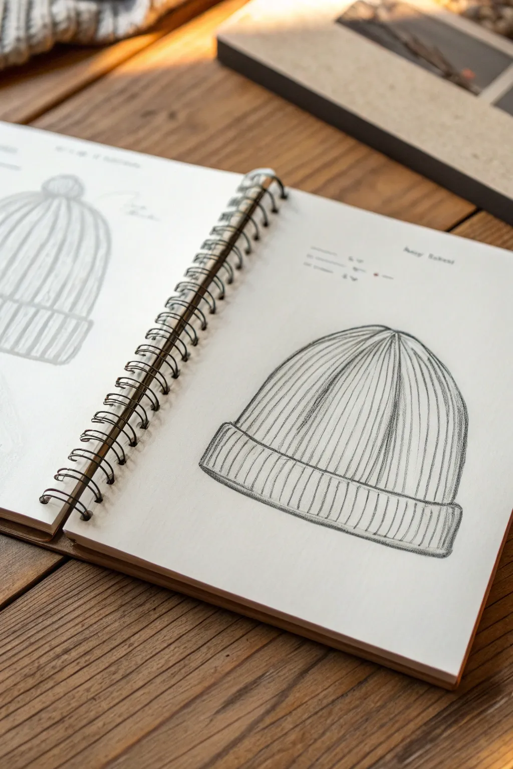 Cozy ribbed beanie sketch in front and side view with a folded cuff and soft shading