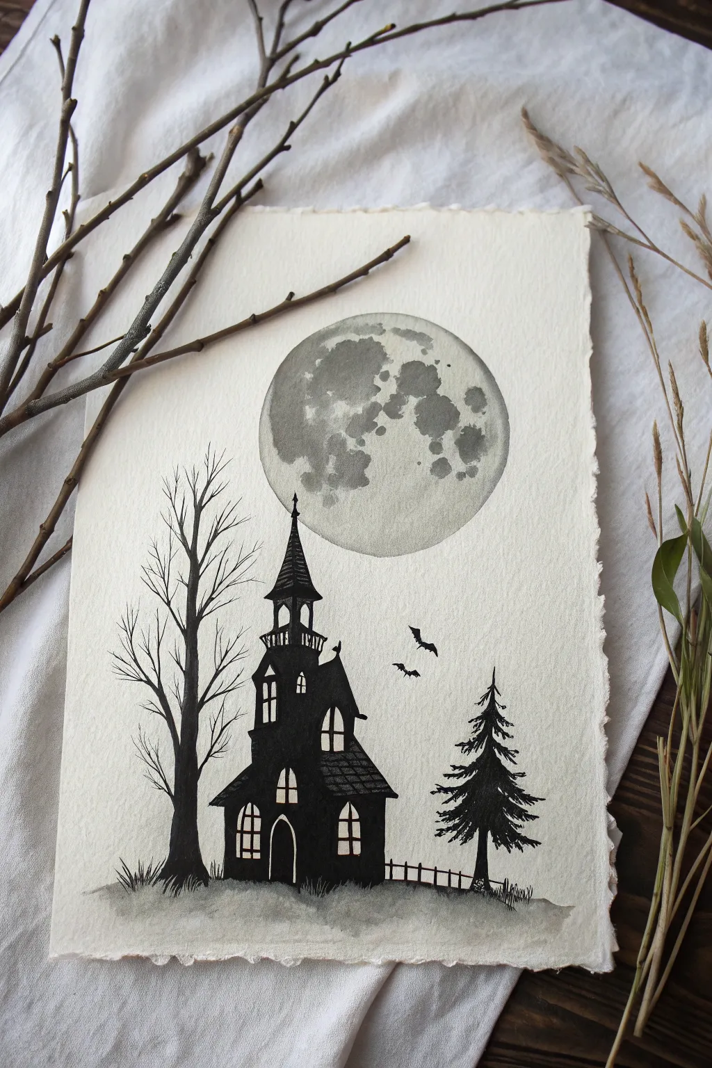 Moonlit haunted house silhouette in bold black ink against a soft full moon, minimalist and eerie.