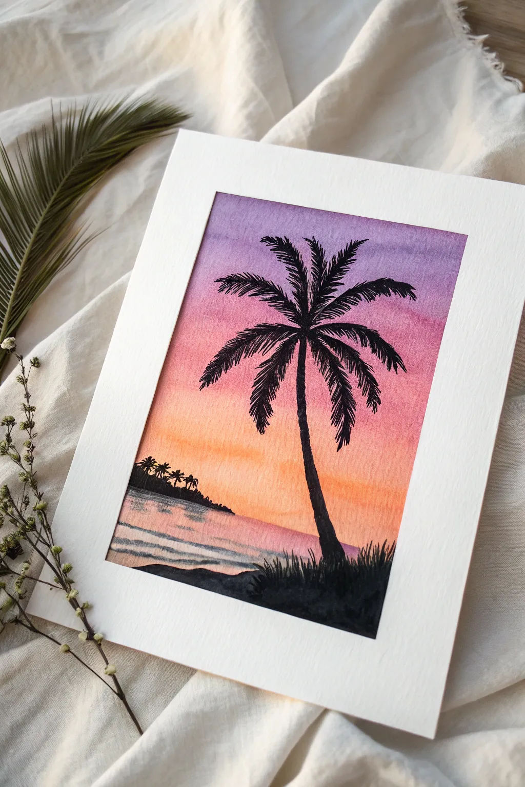 Minimal palm silhouette painting idea with a dreamy Hawaii sunset gradient and calm ocean line